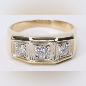 Vintage 14K Yellow Gold Men's 3 Stone Diamond Ring with Miligrain Accents